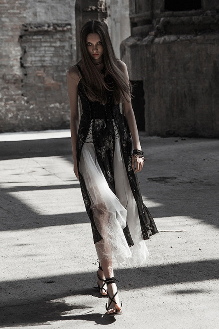 Black Lace Women's Bandage Strap Gothic Vintage Long Dress