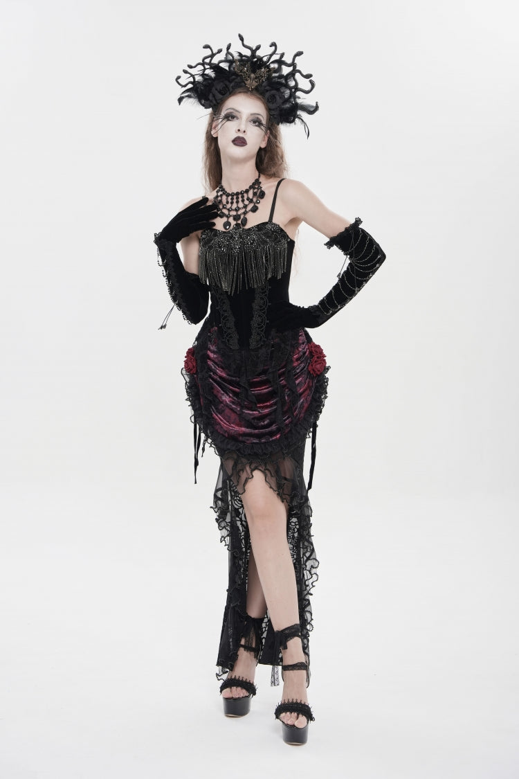 Black Lace-Up Women's Gothic Embroidered Tassels  Overbust Corset