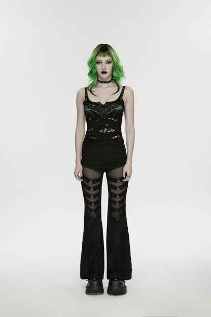 Black Off Shoulder Slim Ripped Buckled Women's Punk Spiders&Web Printed  Vest