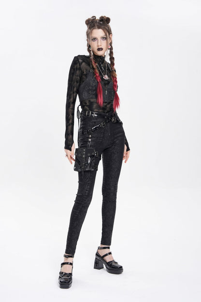 Black Print Buckle Straps Women's Punk Pants with Leg Bag
