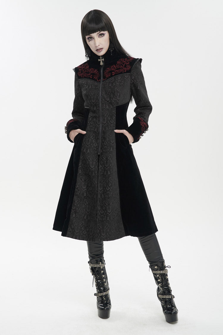 Black Jacquard Studded Mushroom Buckle Metal Cross Embroidered Women's Gothic Coat