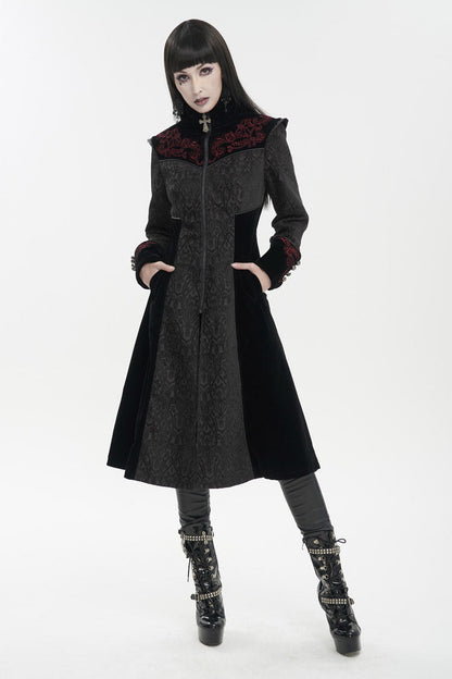 Black Jacquard Studded Mushroom Buckle Metal Cross Embroidered Women's Gothic Coat