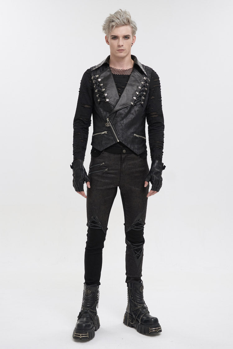 Black Lapel Fitted Atomized Crack Front Chest Crossover Rope Men's Punk Vest