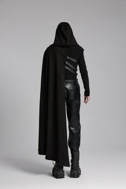 Black Hooded Buckle-up Rivets Men's Punk Cloak