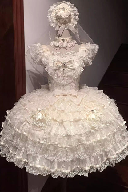 Apricot [Ballad of Feathers] Sleeveless Multi-Layered Ruffle Hanayome Bowknot Sweet Lolita Jsk Dress