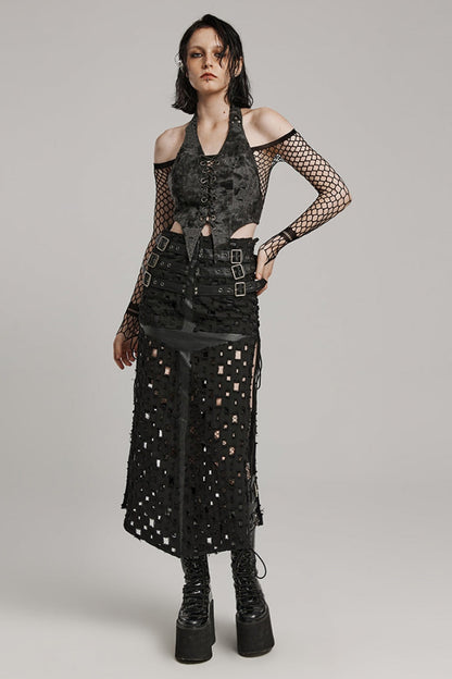 Black Hollow Cross-Taped Stitching Lace-Up Ripped Women's Steampunk Skirt