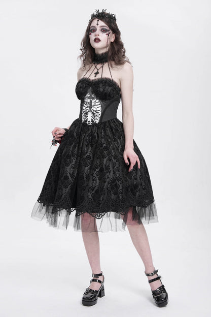 Black Halterneck Skeleton Print Embroidery Stitching Lace Women's Gothic Dress
