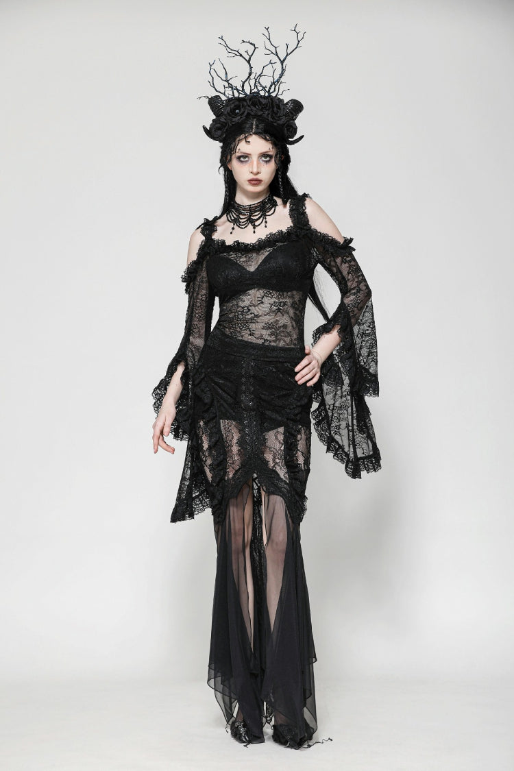 Black Off Shoulder Long Flare Sleeves Lace Women's Gothic Romantic Top