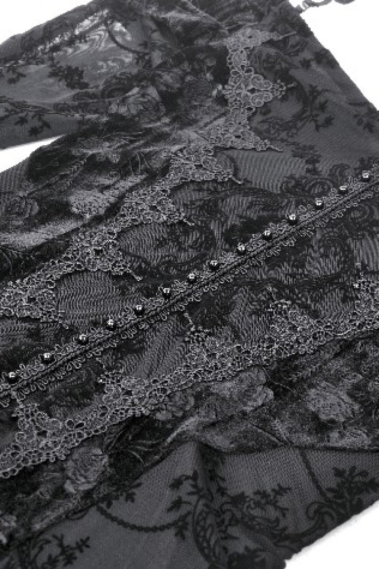 Black Off Shoulder Long Trumpet Sleeves Velvet Spliced Mesh Women's Gothic Graduation Dress