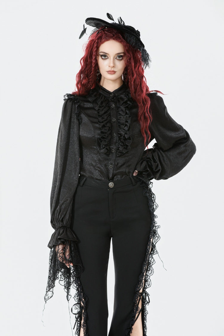 Black Long Lantern Sleeves Ruffled Spliced Lace Women's Gothic Blouse