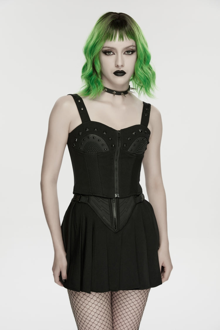 Black Lace-Up Slim Studded Zippered Eyelet Women's Punk Cool Corset