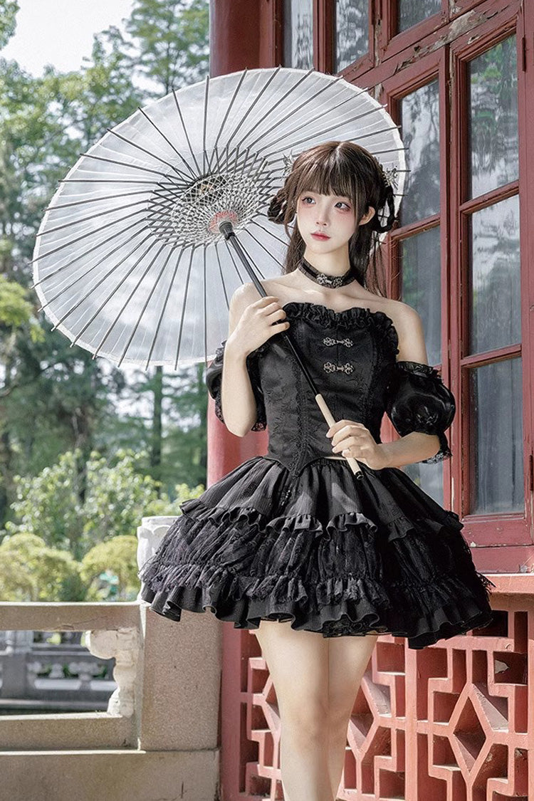 Black Bamboo Dream Multi-layer Dark Pattern Print Ruffle Gothic Lolita Skirt Set