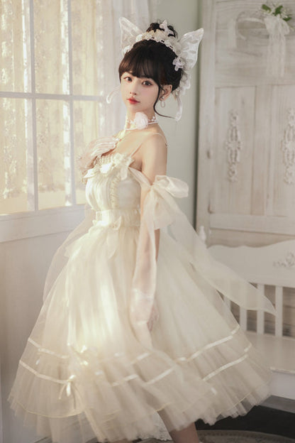 Beige Small Ballet High Waisted Bowknot Chiffon Long Version Sweet Lolita JSK Dress