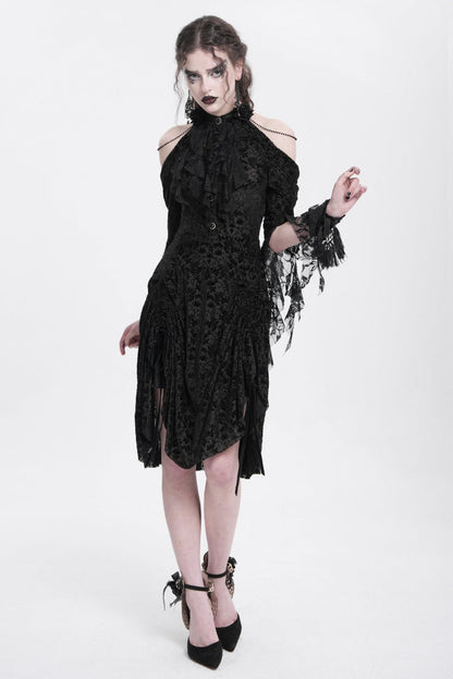 Black Off Shoulder Drawstring Jacquard Embroidery Women's Gothic Party Dress