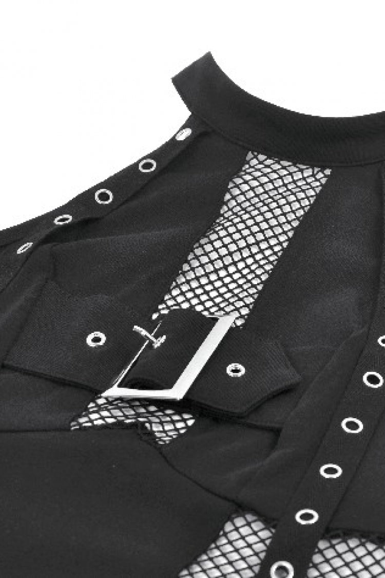 Black Off Shoulder Halterneck Sleeveless Mesh Eyelet Strap Women's Punk Top