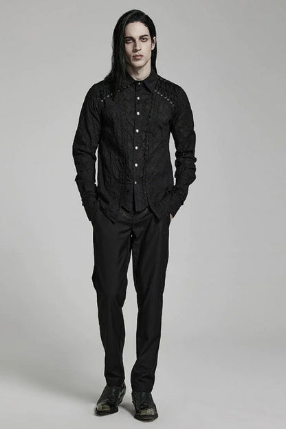 Black Lapel Collar Long Sleeves Lace Mens Daily Gothic Elegant Blouse