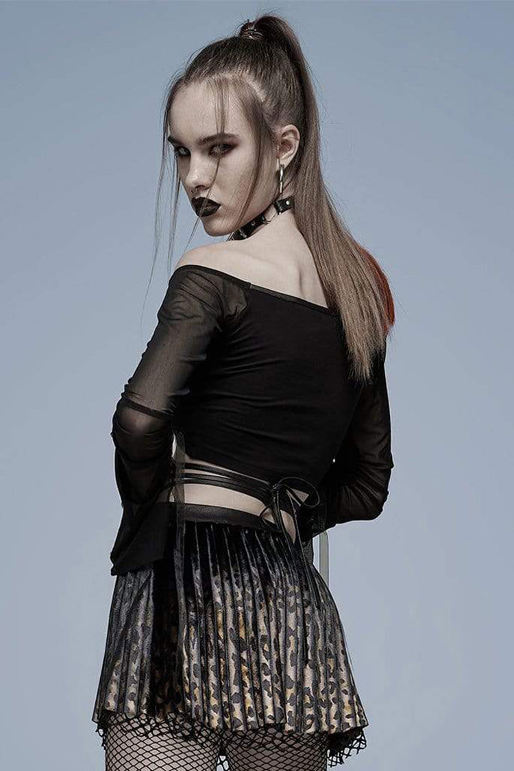 Black Gothic Elasticity Cotton Hollow Buttonhole Strap Design Slash Neck Women's T-Shirt
