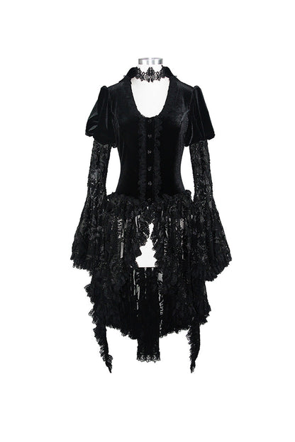 Black Metal Buckle Collar Front Chest Hollow-Out Flare Sleeve Lace Cuff Dress Hem Women's Gothic Coat