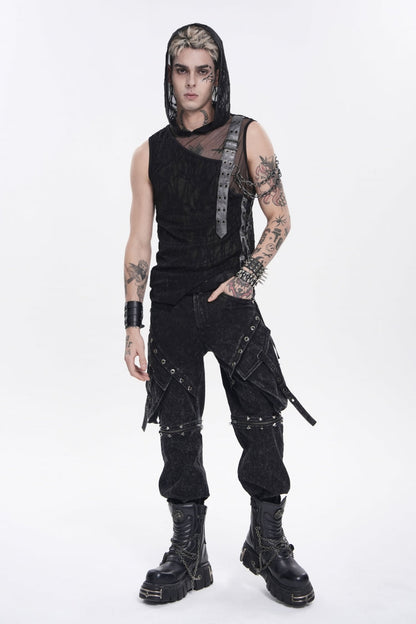 Black Hooded Sheer Asymmetric Chain-Decorated Men's Punk Hooded Vest