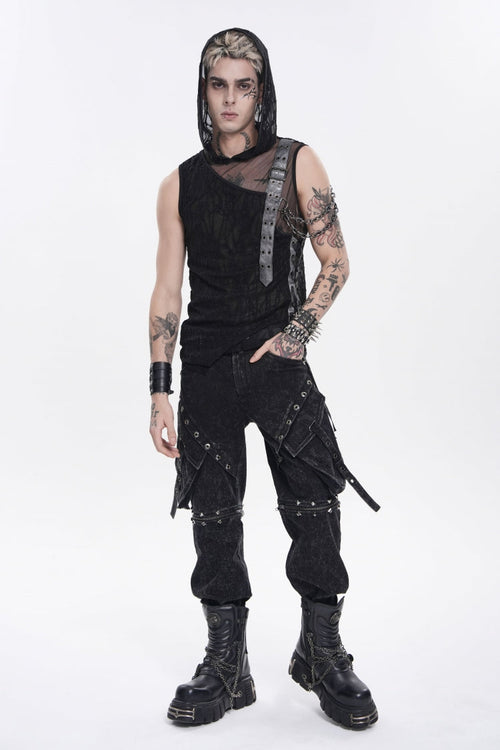 Black Hooded Sheer Asymmetric Chain-Decorated Men's Punk Hooded Vest