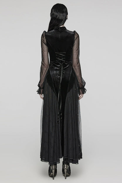 Black Long Sleeves Ruffle Lace Lace-Up Mesh Women's Gothic Dress