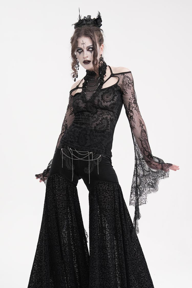 Black Long Sleeves Hollow Lace Mesh Ripped Women's Gothic Blouse