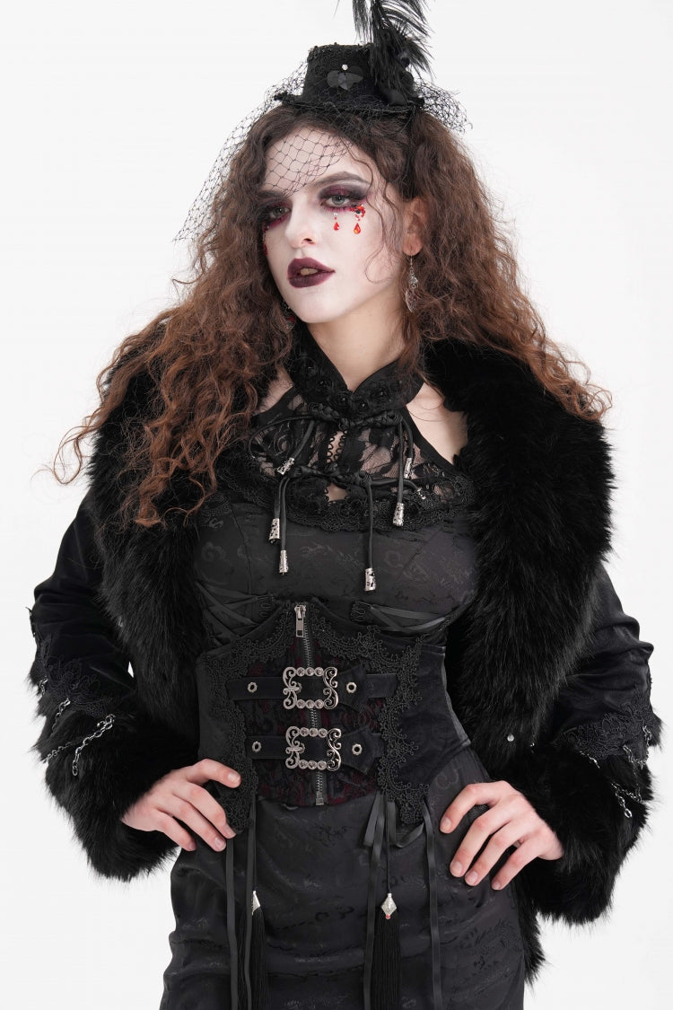 Black Faux Fur Bucket-up Chain Women's Gothic Jacket