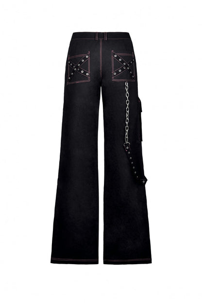 Black Dangerous Bear Chain-Decorated Women's Grunge Bell Bottom Pants