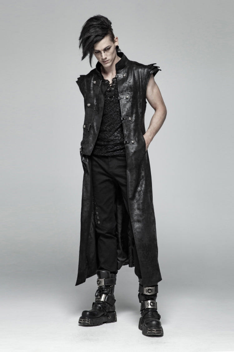 Black Angel's Wings Faux Leather Stand Collar Sleeveless Men's Gothic Vintage Maxi Vest