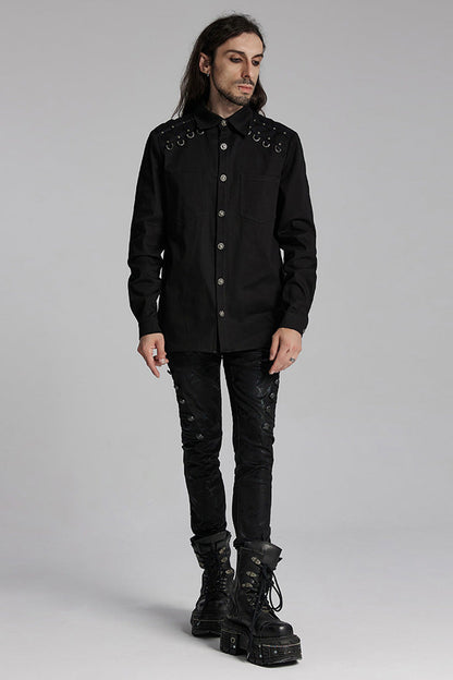 Black Lapel Collar Long Sleeves Rings Men's Punk Blouse