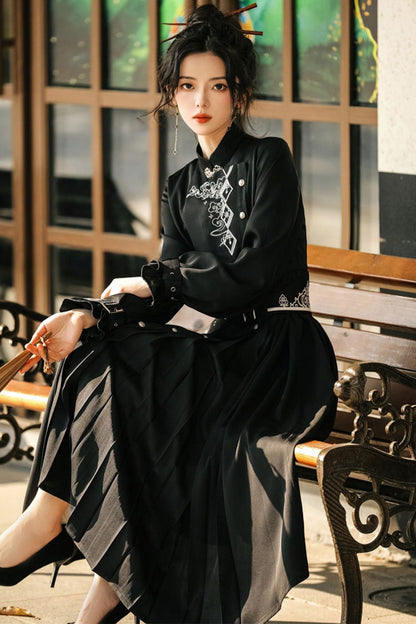 Black Mysterious Long Sleeves Chinese Style Single Breasted High Waisted Print Hanfu Dress