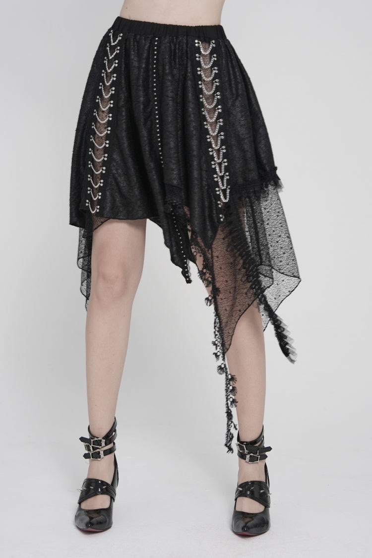 Black Lace Irregular Chain-Decorated Women's Punk Streamer Skirt