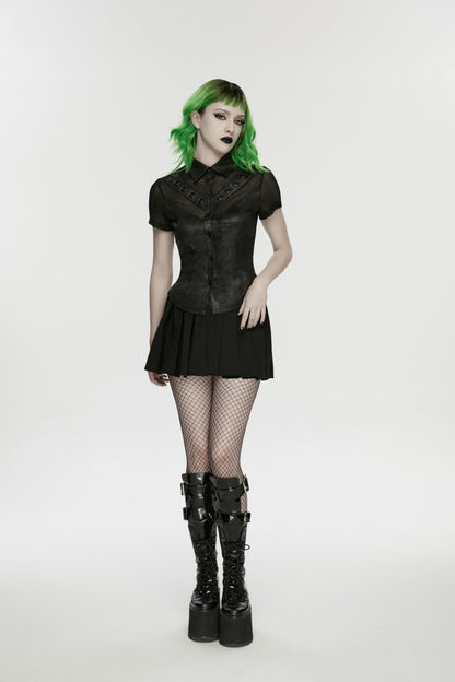 Black Lapel Collar Short Sleeves Lace-Up Mesh Eyelet Women's Punk Blouse