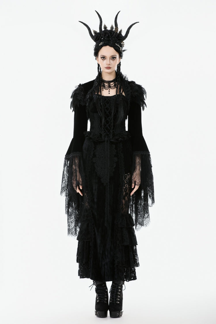 Black Lace Spliced Velvet Long Flared Sleeves Floral Feather Women's Gothic Cape
