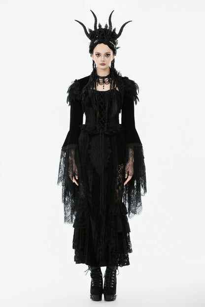 Black Lace Spliced Velvet Long Flared Sleeves Floral Feather Women's Gothic Cape