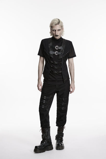 Black Cut-Out Lace-Up Slim Mesh Buckled Eyelet Men's Punk Handsome Vest