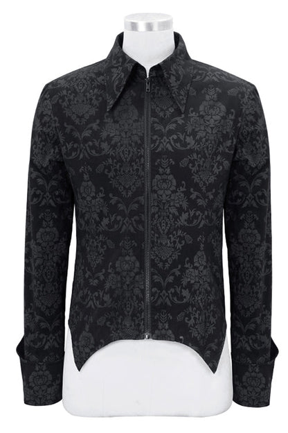 Black Folding Cuffs Palace Printed Zipper Mens Gothic Blouse