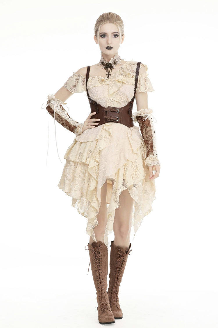 Beige Irregular Multi-Layered Ruffled Lace Women's Steampunk Vintage Dress