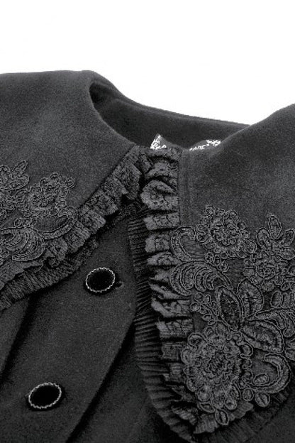 Black Floral Embroidered Peter Pan Collar Long Sleeves Bowknot Women's Gothic Coat
