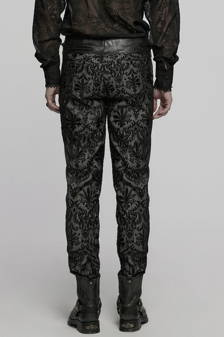 Black Print Floral Embroidery Buckle Men's Gothic Pants