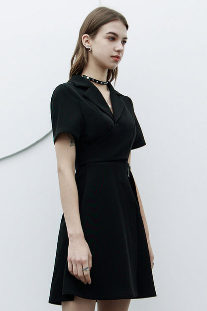 Black Lapel Metal Buckle Belt Collect Waist A-Shape Hem Women's Punk Dress