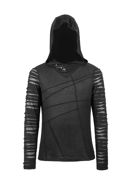 Black Collar Metal Button Irregular Striped Patchwork Bandage Hooded Men's Punk T-Shirt