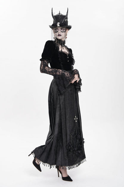 Black Floral Cross Embroidery Chain Women's Gothic Horse-face Long Skirt