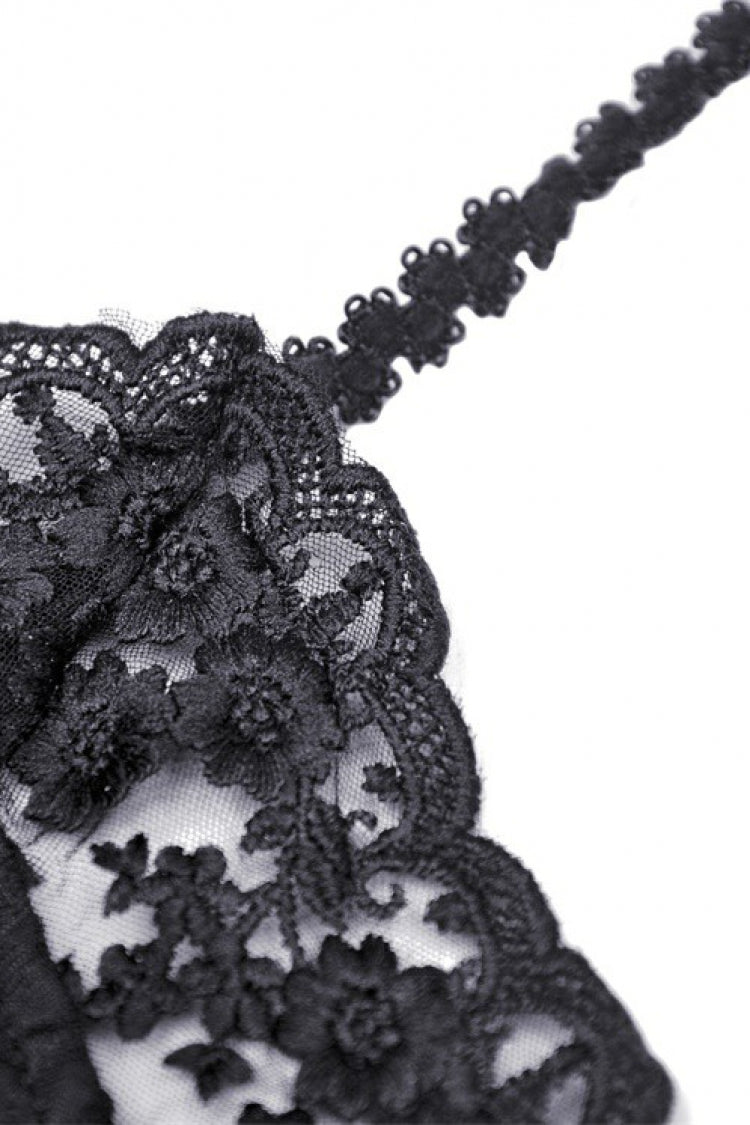 Black Off Shoulder Halterneck Lace Crinkle Women's Gothic Tank Top