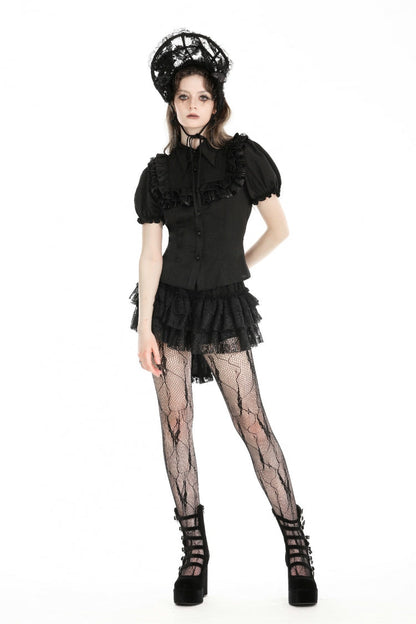 Black Point Collar Short Puff Sleeves Ruffled Women's Gothic Blouse