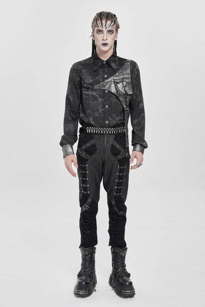 Black Long Sleeves Print Stitching Asymmetric Bullet Men's Punk Blouse