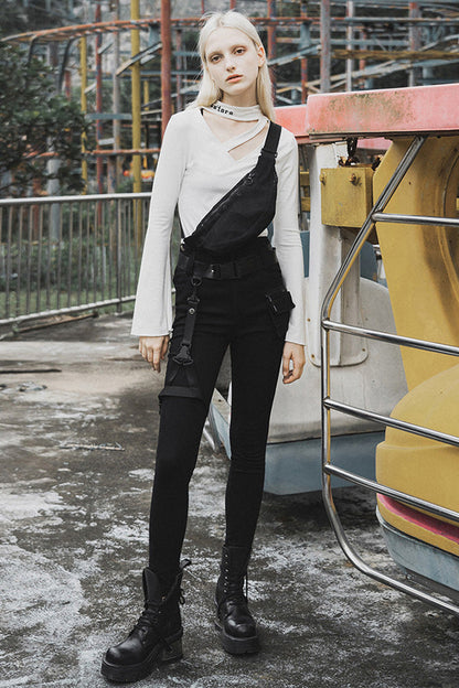 Black Detachable Loop Denim Skinny Women's Steam Punk Jeans