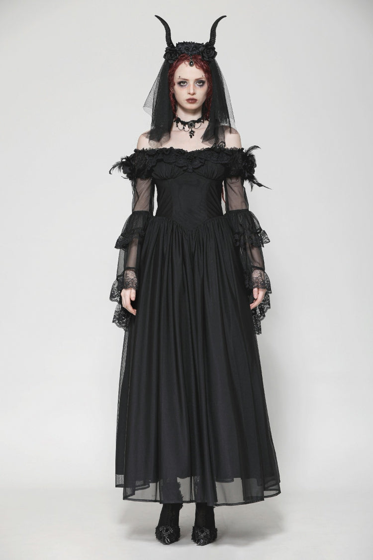 Black Off Shoulder Boat Neck Multi-Layered Long Trumpet Sleeves Lace Spliced Tulle Lace-Up Women's Gothic Fantasy Dress