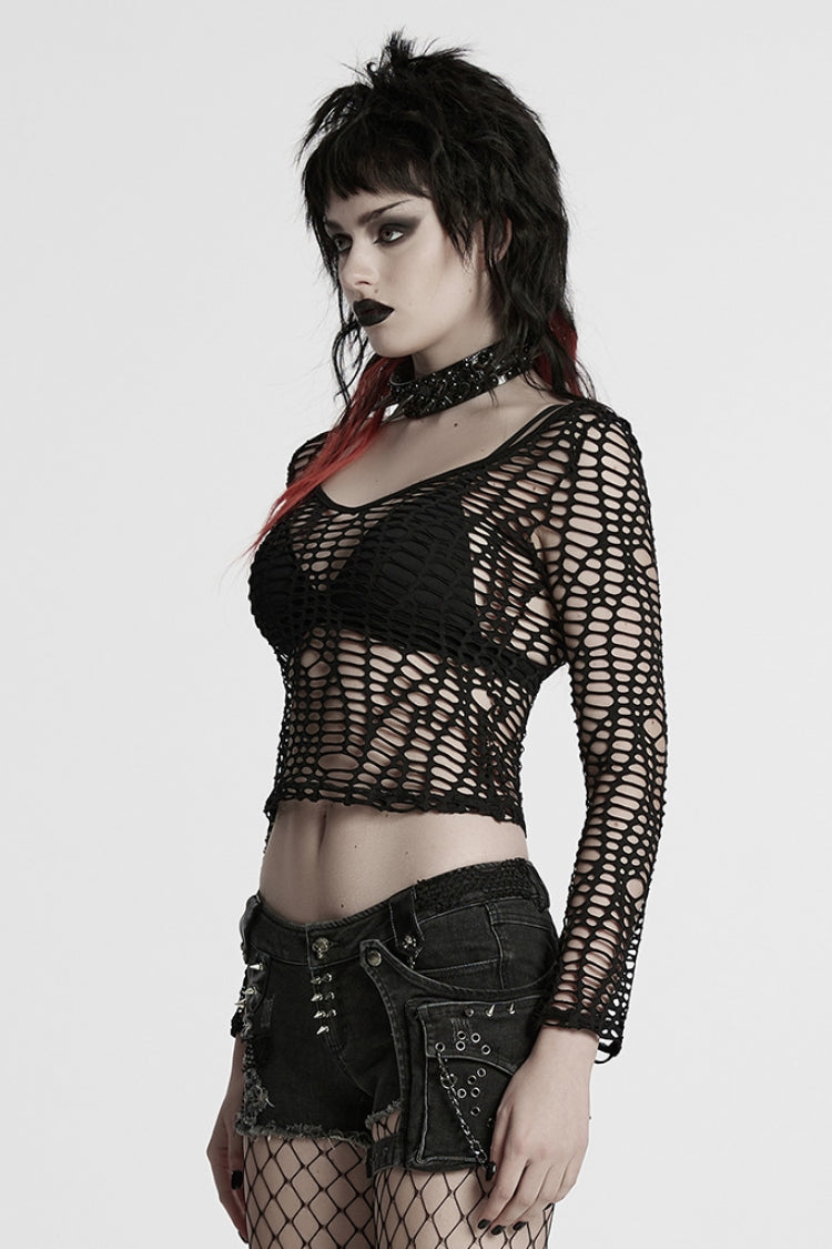 Black Long Sleeves Sheer Mesh Ripped Women's Punk T-Shirt