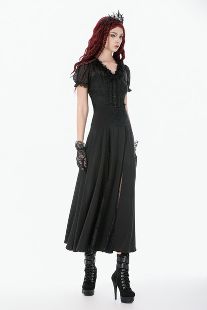 Black High Waisted Floral Printed Lace Mesh Women's Gothic Elegant Long Skirt